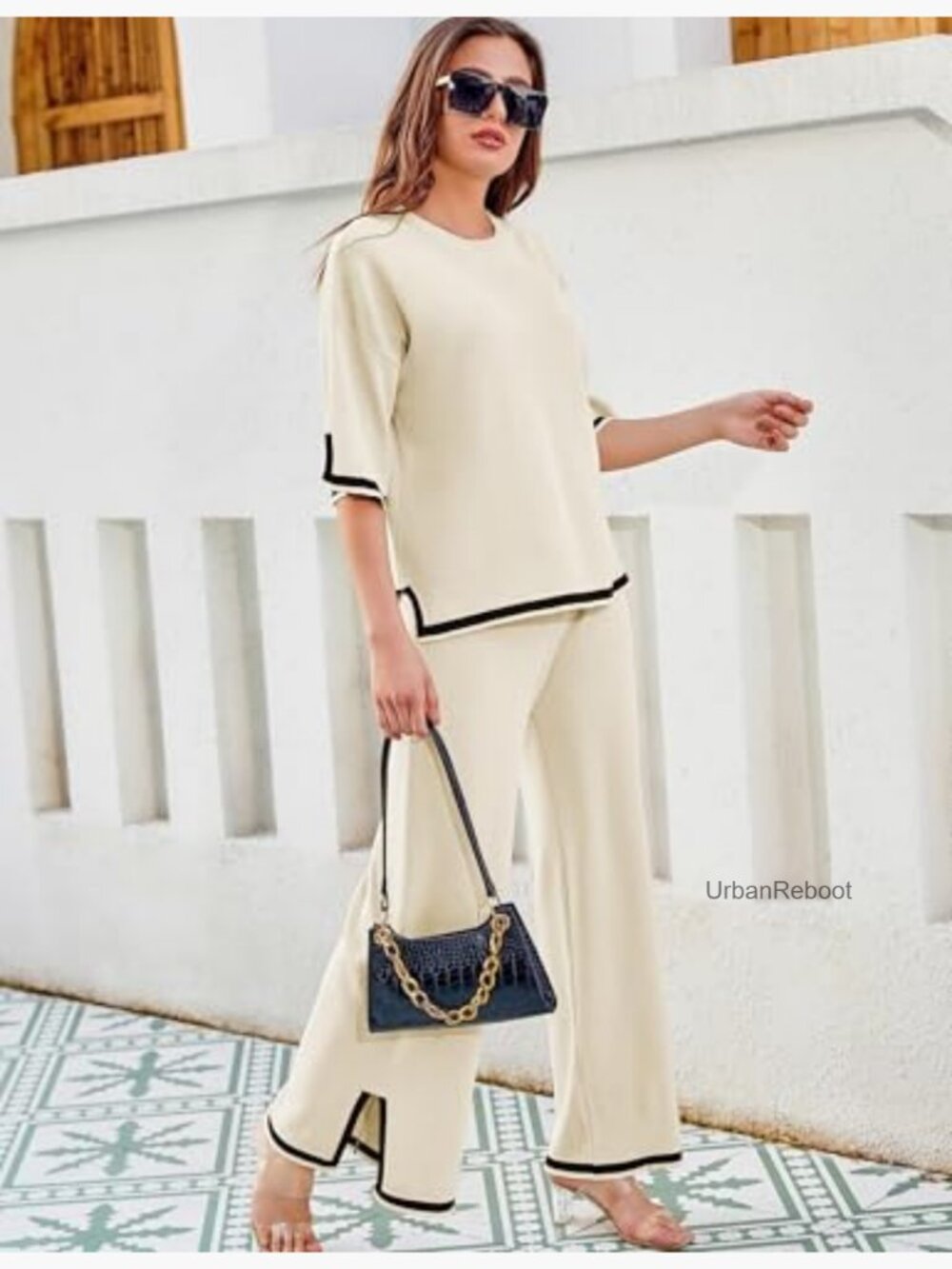 Knit Sweater Set 2 Piece Lounge Outfit Short Sleeve Wide Leg Pants - Picture 2 of 7